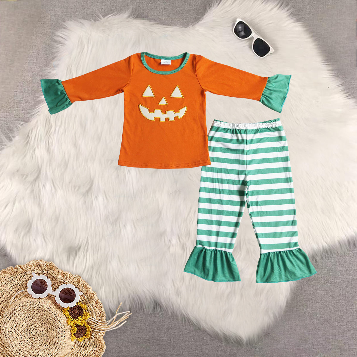 RTS NO MOQ Sibling Baby Girls embroidery halloween Long Sleeve Pants Set
