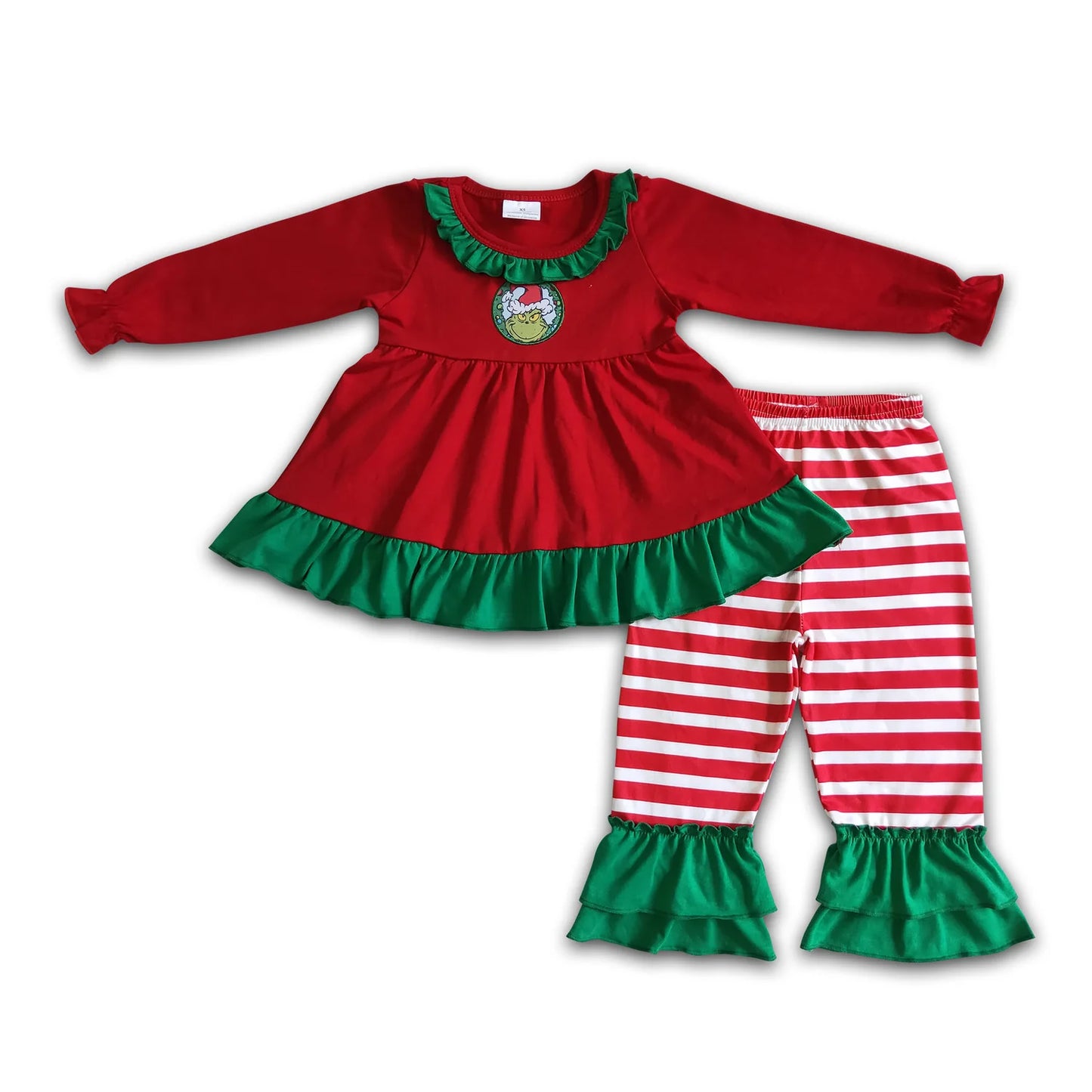 RTS NO MOQ Sibling milk silk Baby Girls Christmas Ruffle Long Sleeve Top Ruffle Pants Clothes Set