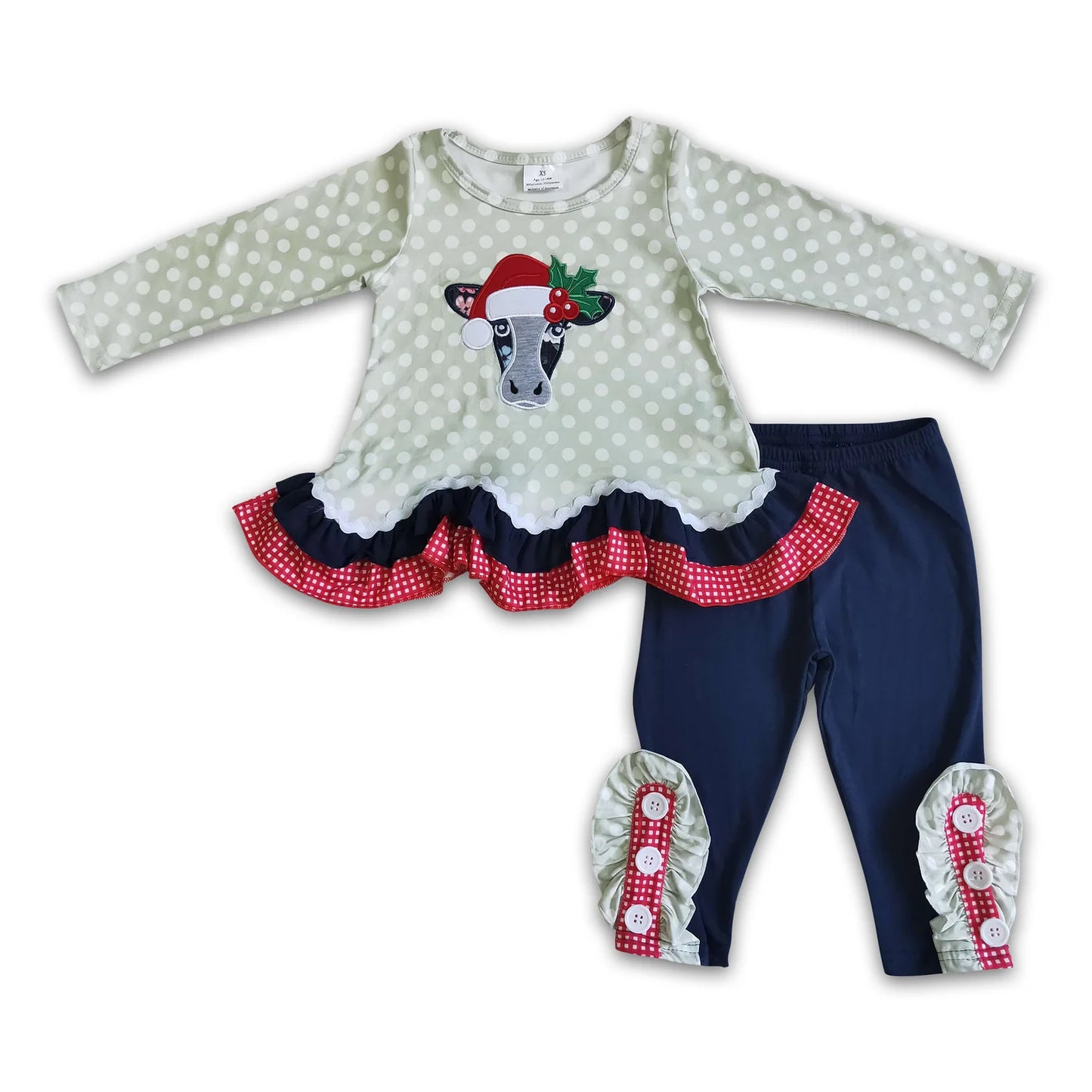 RTS NO MOQ Sibling milk silk Baby Girls Christmas Cow Print Long Sleeve Tunic Top And Casual Pants Clothes Set