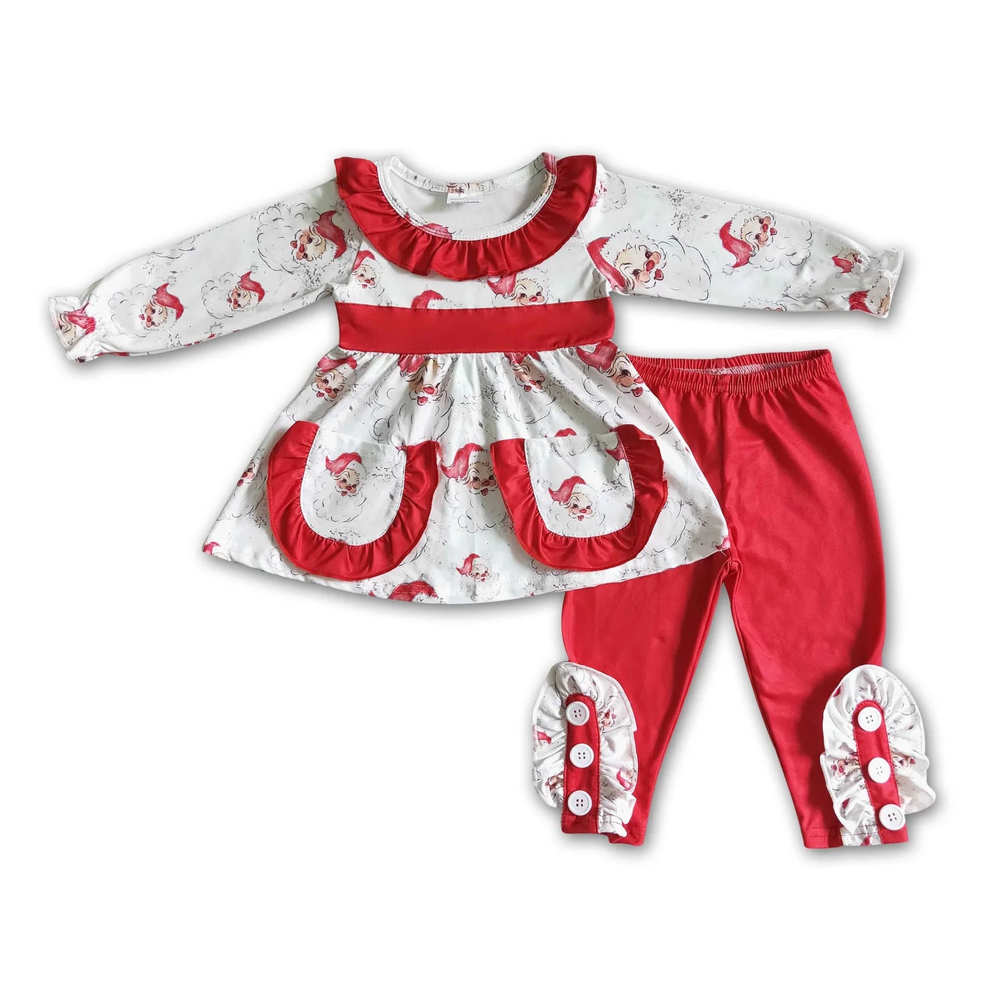 RTS NO MOQ Sibling milk silk Baby Girls Christmas Santa Ruffle Long Sleeve Top Ruffle Pants Outfit Set