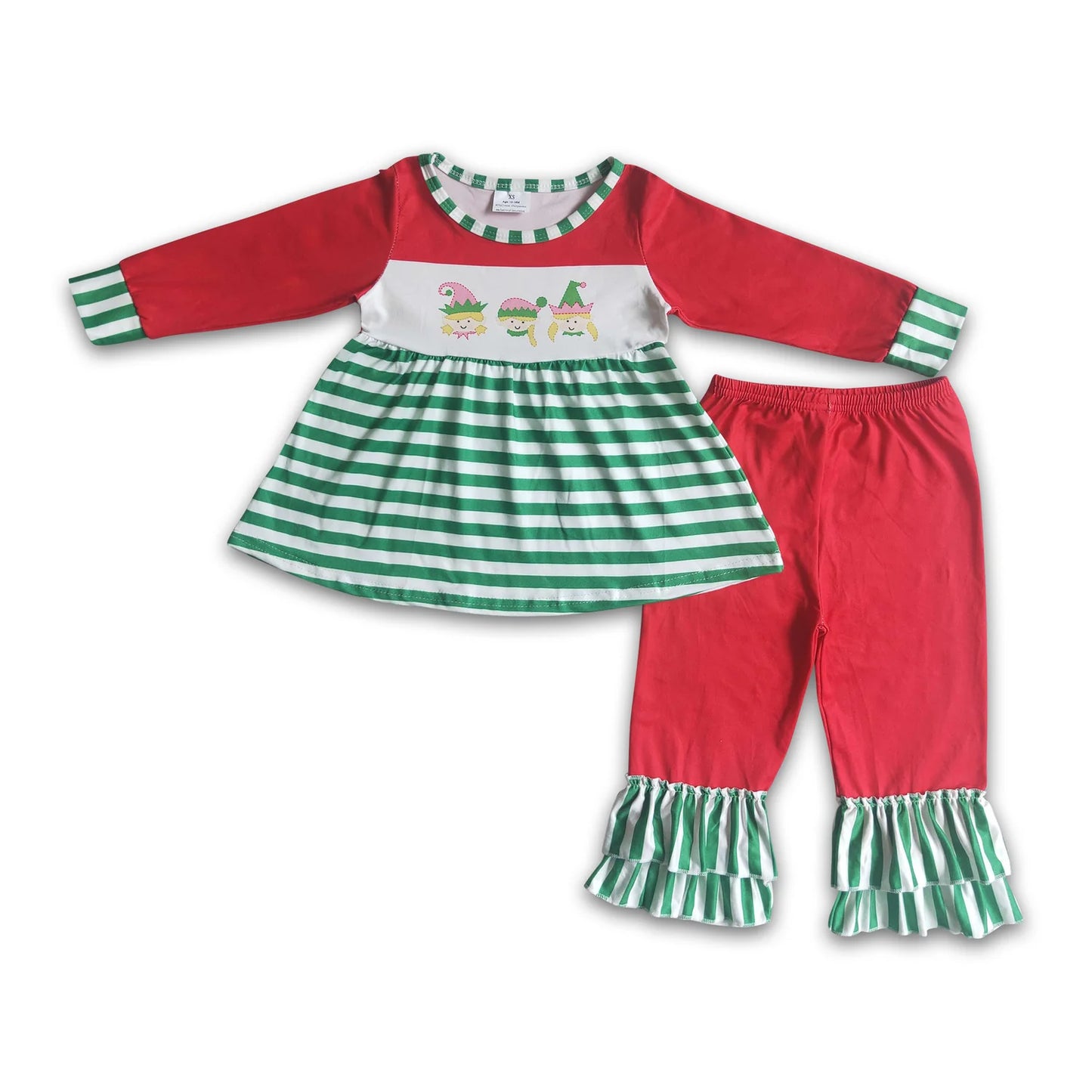 RTS NO MOQ Sibling milk silk Baby Girls Christmas Print Long Sleeve Tunic Ruffle Pants Clothes Sets