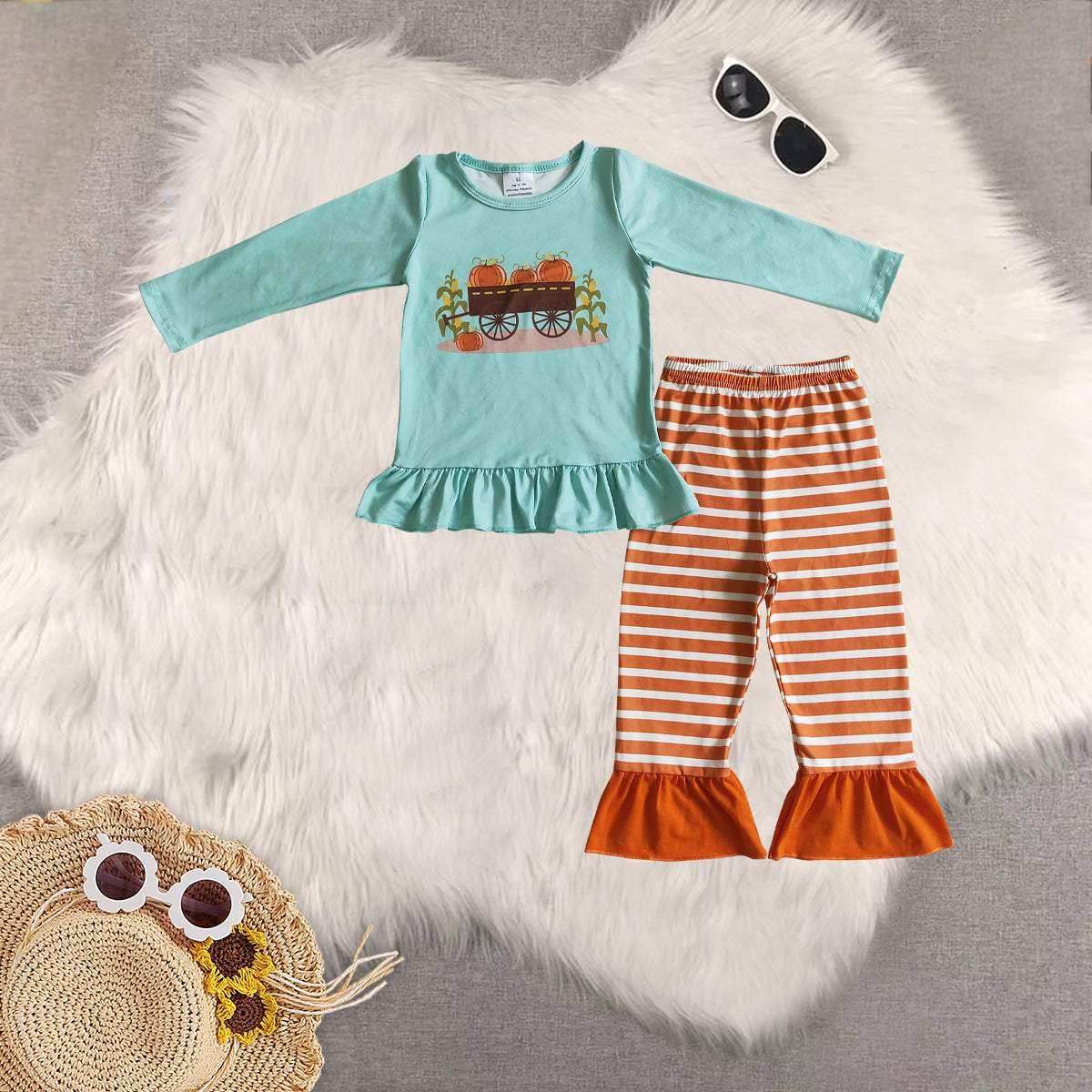 RTS NO MOQ Sibling baby girls clothes boy clothes haloween pumpkin long-sleeved trousers suit & romper and top