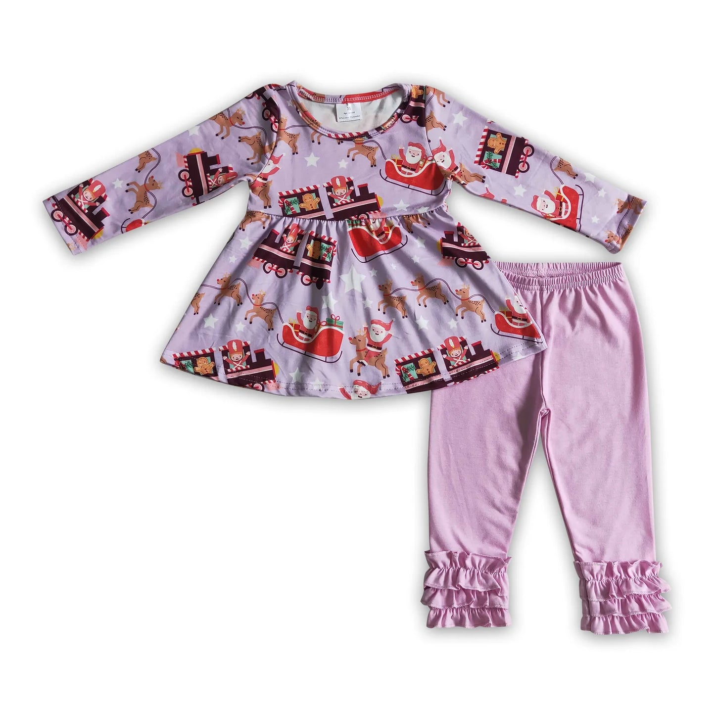 RTS NO MOQ Sibling milk silk Baby Girls Christmas Print Long Sleeve Tunic Pants Clothes Sets