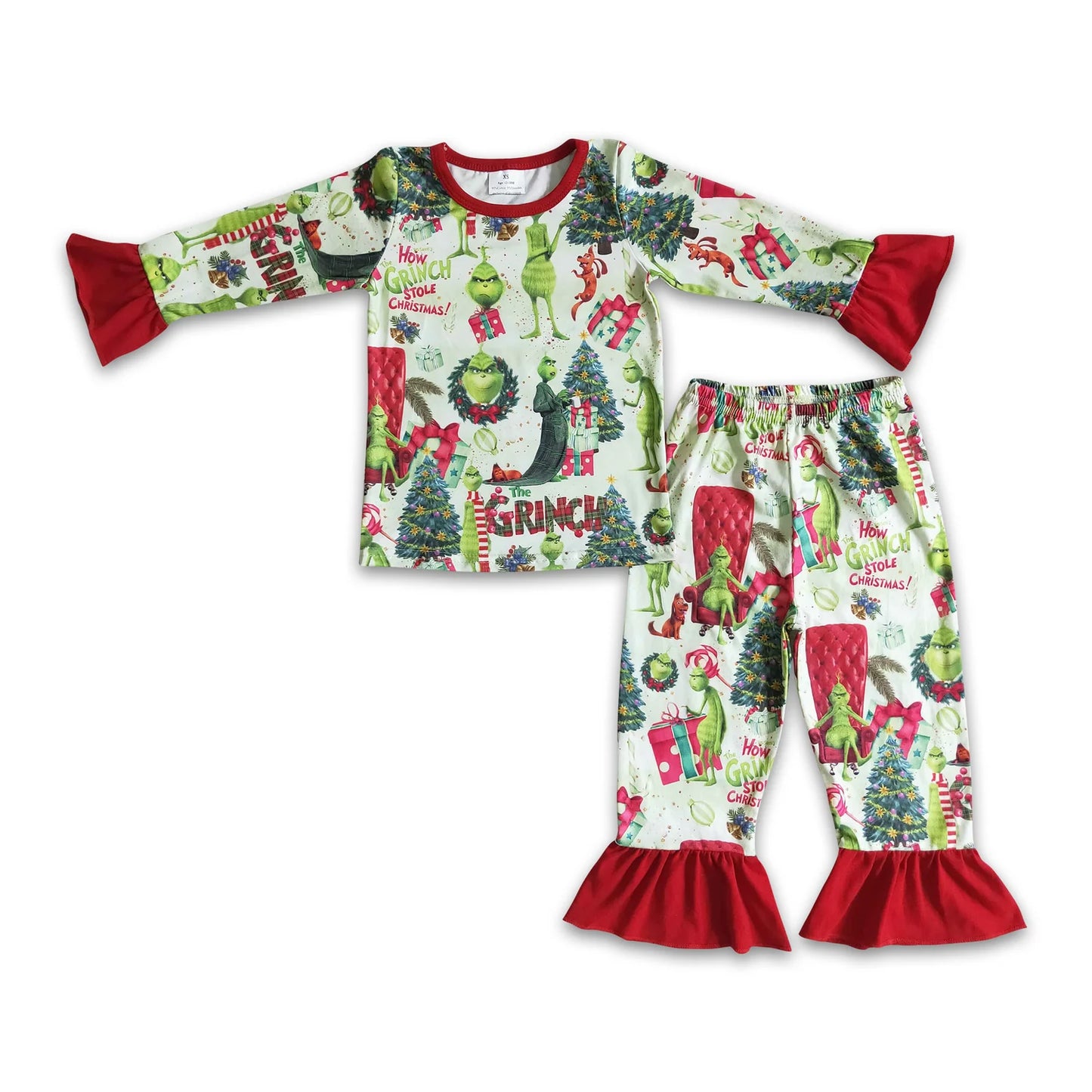 RTS NO MOQ Sibling milk silk Baby Girls Christmas Santa Milk Long Sleeve Top Pants Pajamas Set