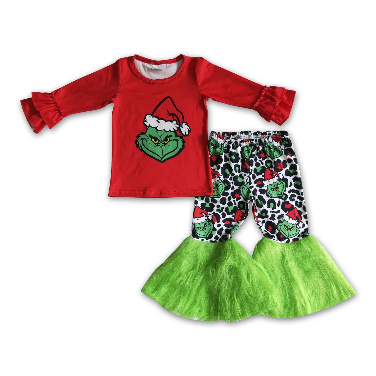 RTS NO MOQ Sibling milk silk Baby Girls Christmas Santa Long Sleeve Top Bell Pants Matching Holiday Clothes Set
