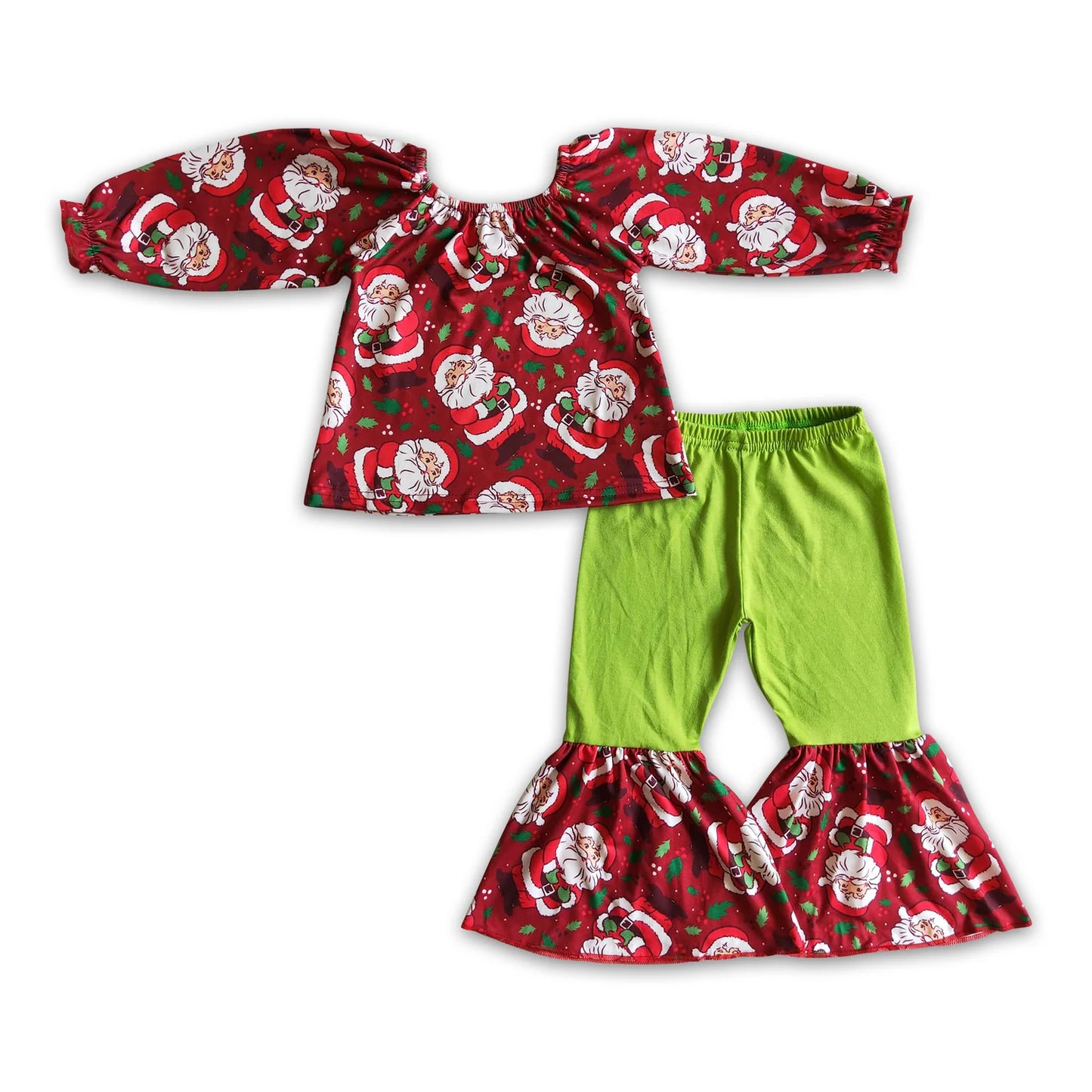 RTS NO MOQ Sibling milk silk Baby Girls Christmas Santa Print Long Sleeve Top Long Pants Set