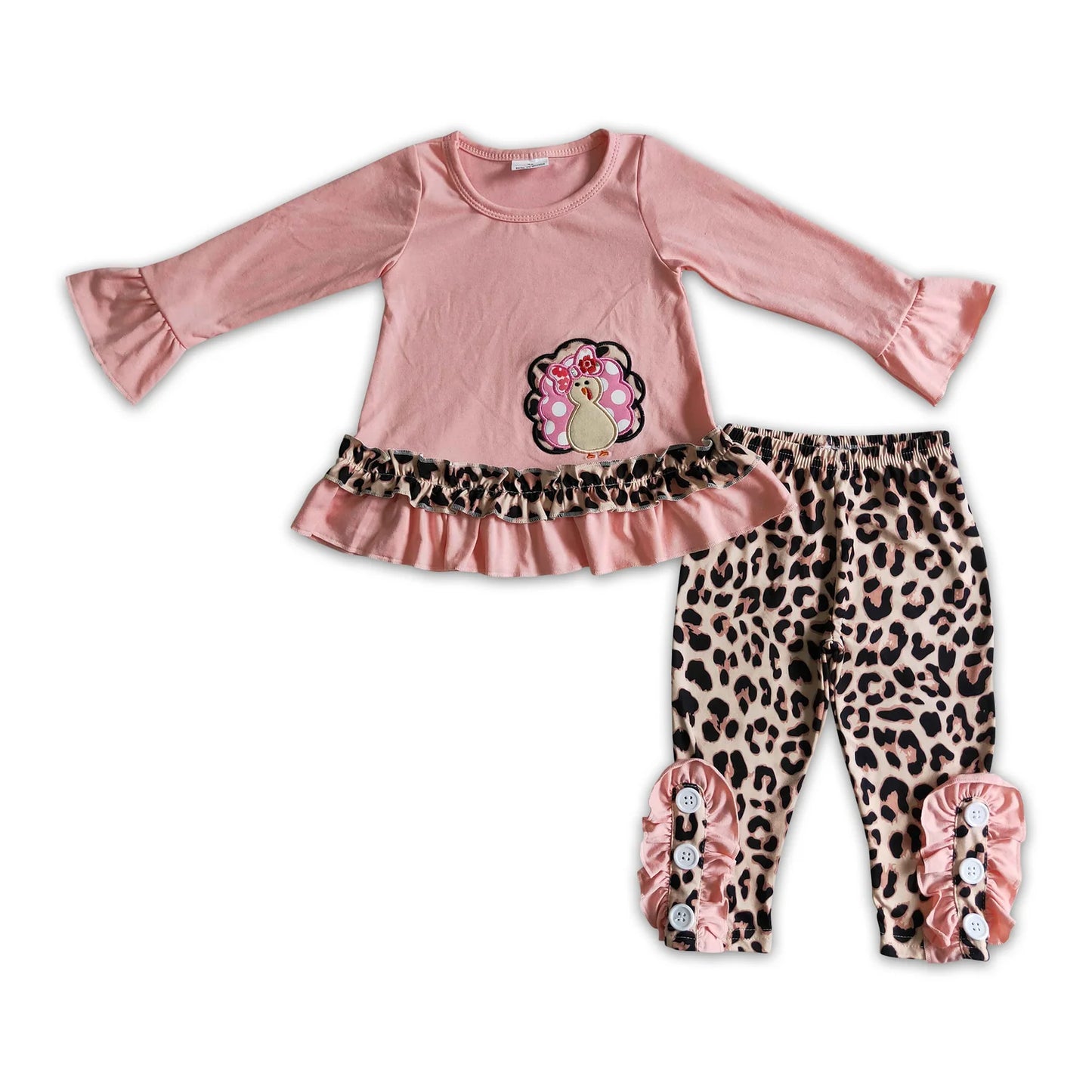 RTS NO MOQ Sibling milk silk Baby Girls Pink Fall Turkey Print Thanksgiving Tunic Top Ruffle Pants Two Piece Clothes Sets Dress Rompers