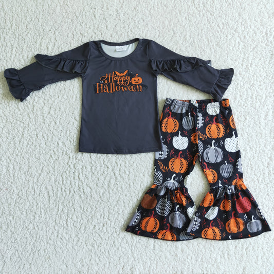 RTS NO MOQ（In Stock) GLP0178 Girls' Halloween Pumpkin Long-Sleeved Pants Set