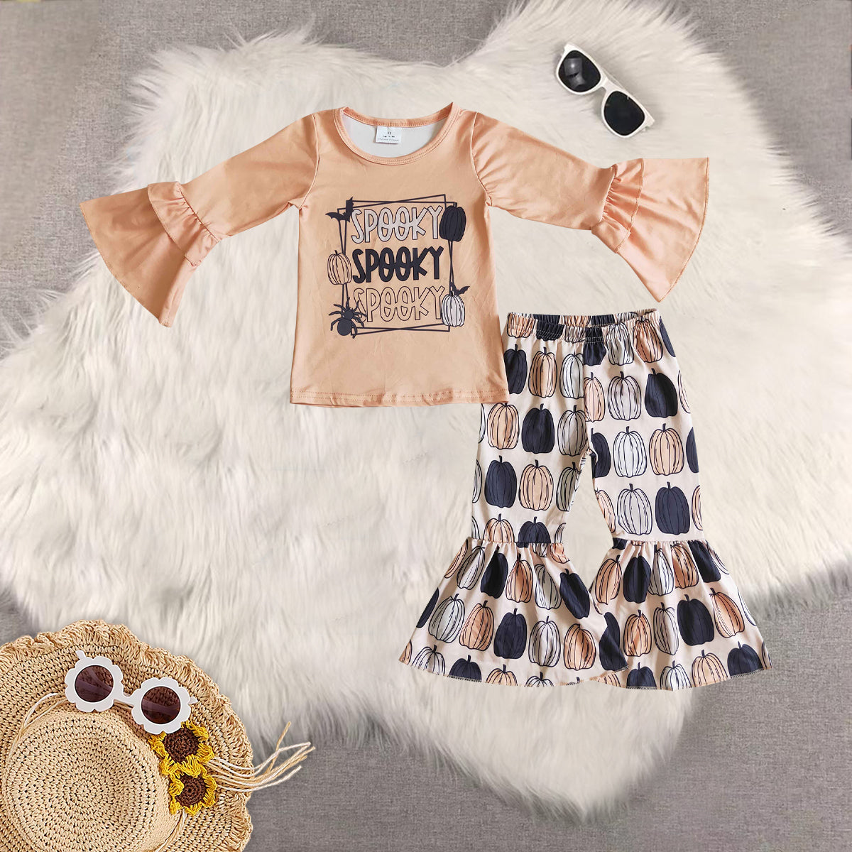 RTS NO MOQ Sibling Baby Girls clothes halloween pumpkin Long Sleeve Pants Set