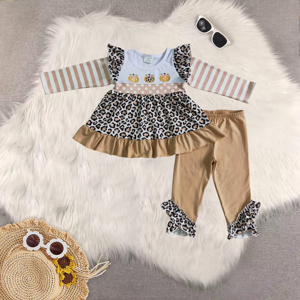 RTS NO MOQ Sibling baby girls clothes haloween pumpkin long-sleeved trousers suit & romper
