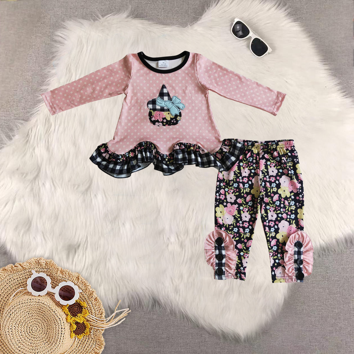 RTS NO MOQ Sibling baby girls clothes embroidery pumpkin long-sleeved trousers suit & romper