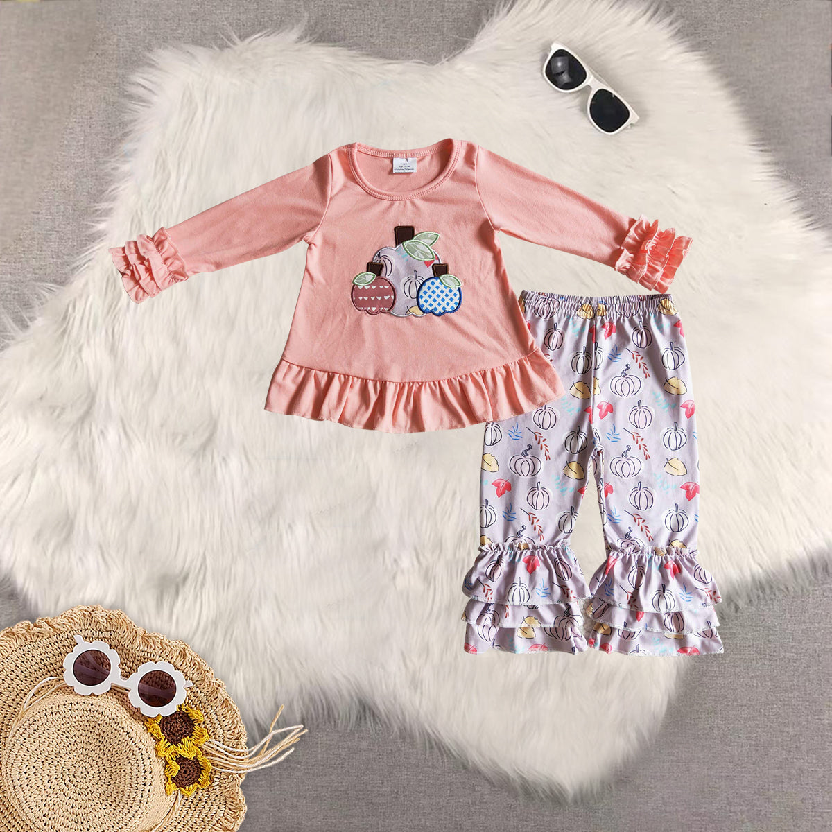 RTS NO MOQ Sibling baby girls clothes embroidery pumpkin long-sleeved trousers suit & romper