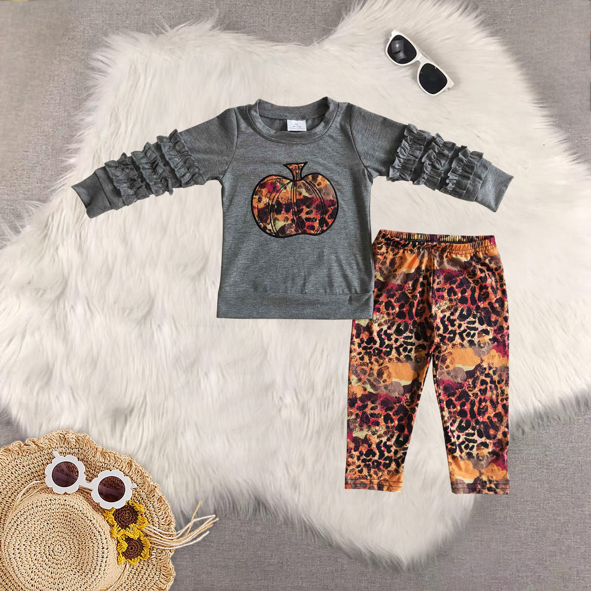 RTS NO MOQ Sibling baby girls clothes embroidery pumpkin long-sleeved trousers suit & romper