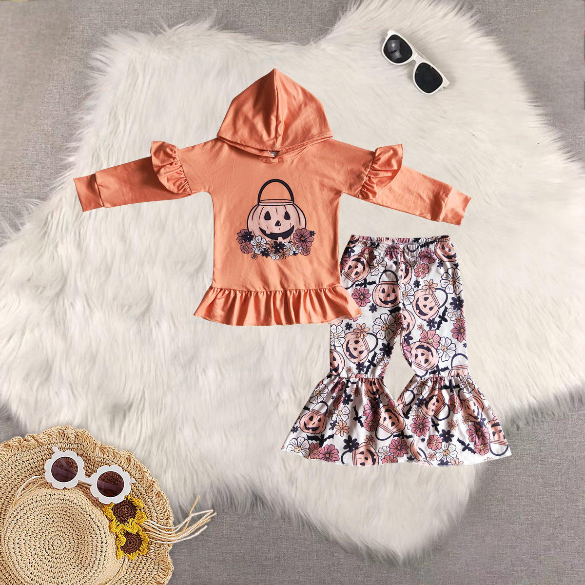 RTS NO MOQ Sibling baby girls clothes pumpkin long-sleeved pants and top