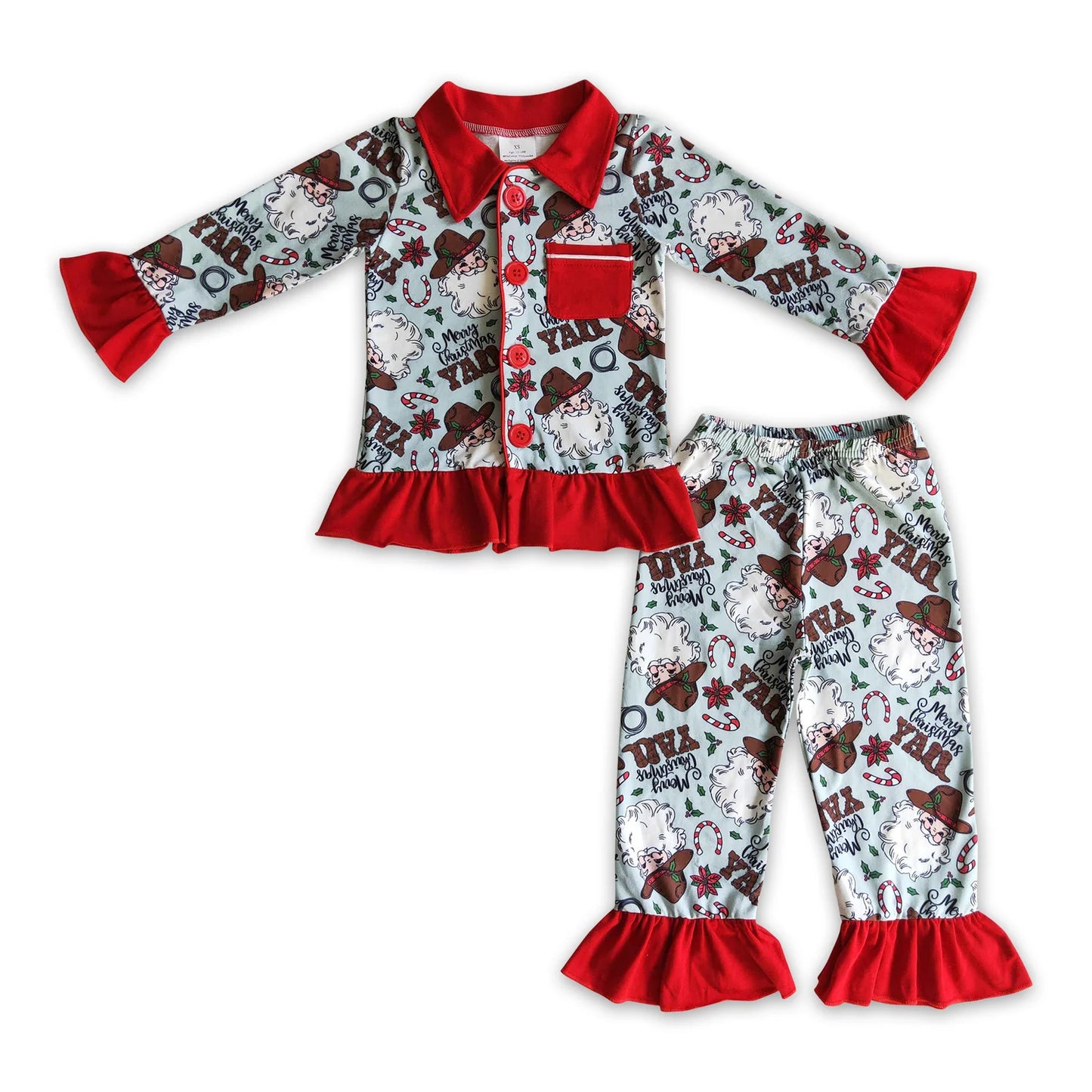 RTS NO MOQ Sibling milk silk Baby Girls Christmas Santa Long Sleeve Top Pants Pajamas Outfit Set