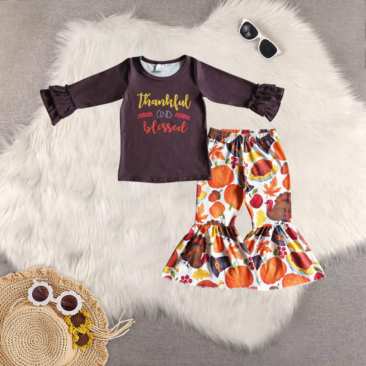 RTS NO MOQ Sibling Baby Girls thankful Long Sleeve Pants Set