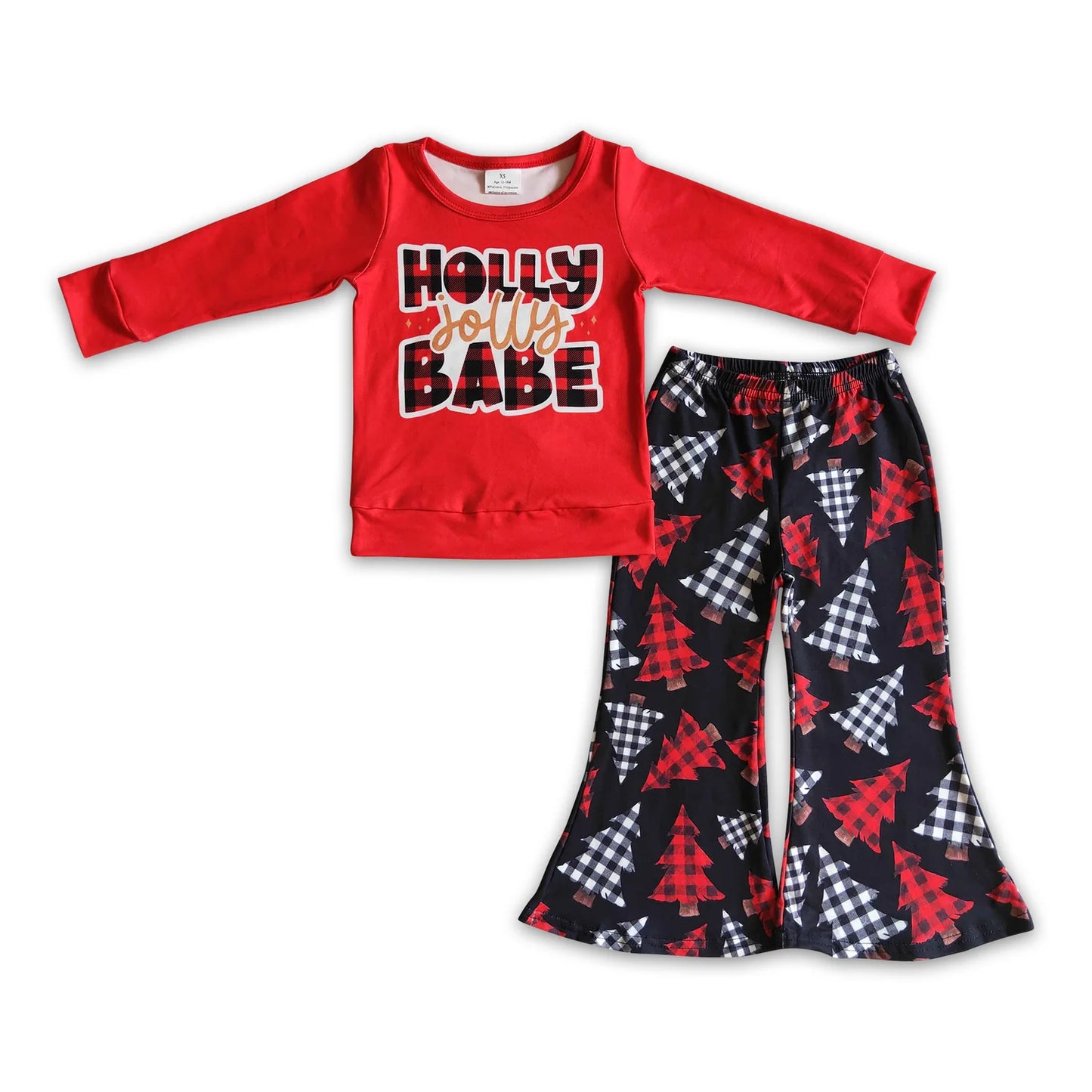 RTS NO MOQ Sibling milk silk Baby Girls Christmas Black Red Holly Tree Top Bell Pants Set