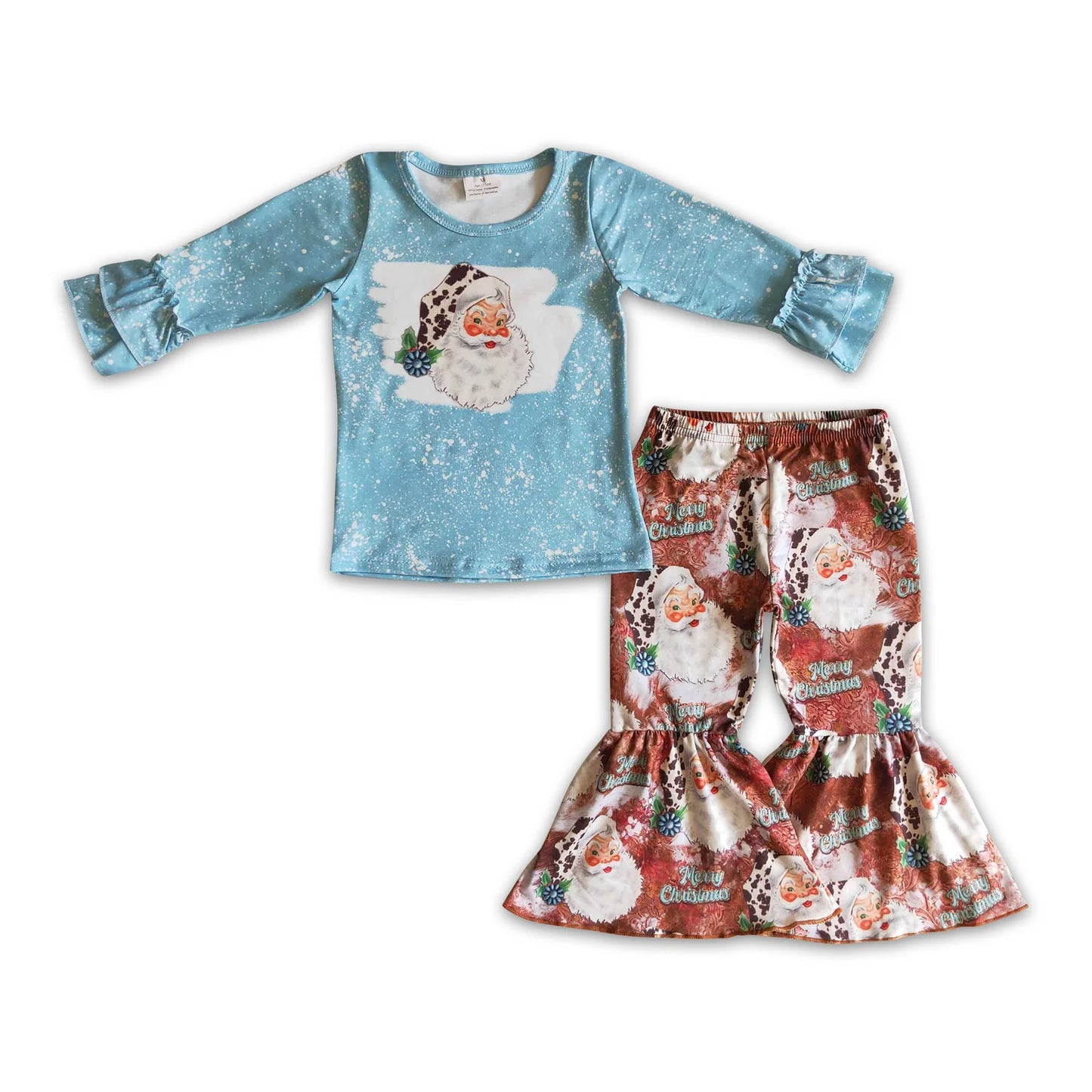 RTS NO MOQ Sibling milk silk Baby Girls Christmas Santa Long Sleeve Top Bell Pants Matching Holiday Clothes Set