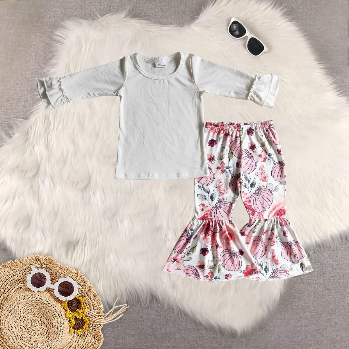 RTS NO MOQ Sibling Baby Girls clothes halloween pumpkin Long Sleeve Pants Set