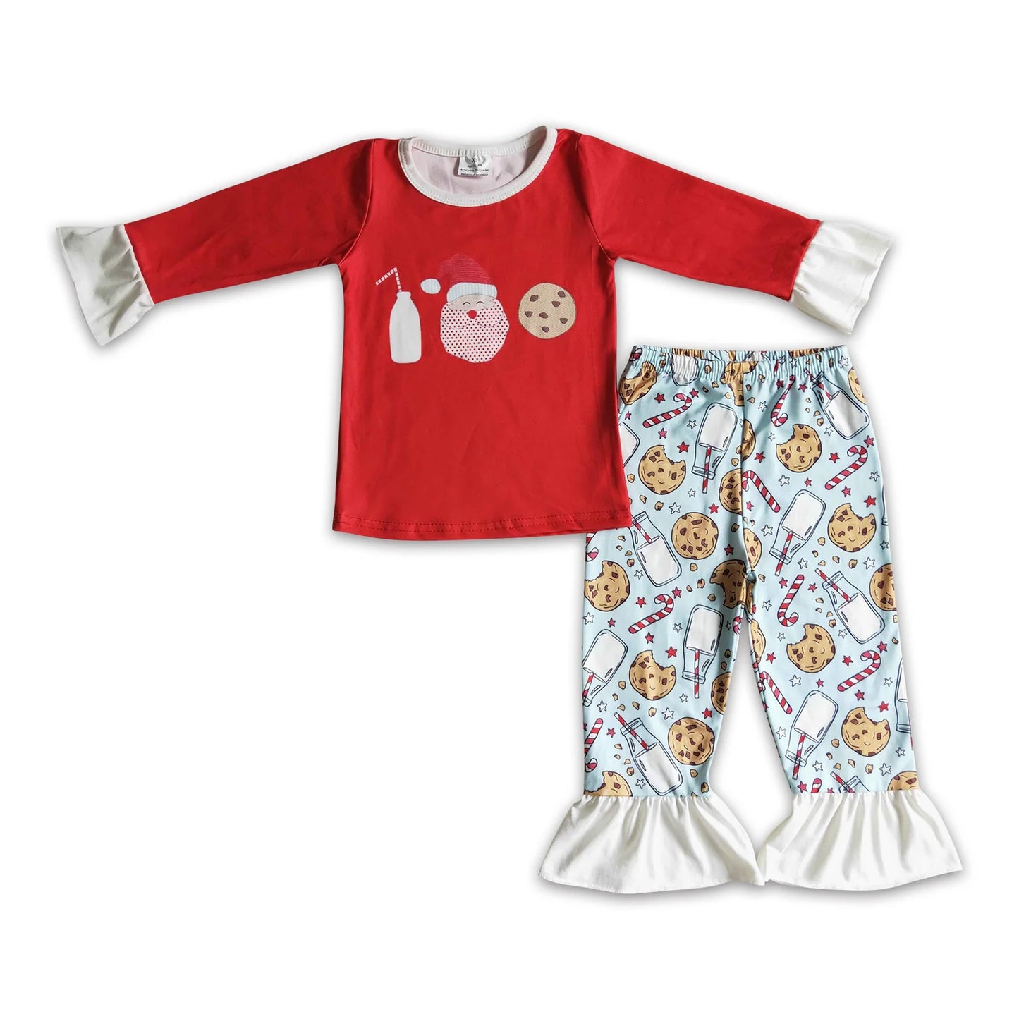 RTS NO MOQ Sibling milk silk Baby Girls Christmas Santa Milk Long Sleeve Top Pants Pajamas Set