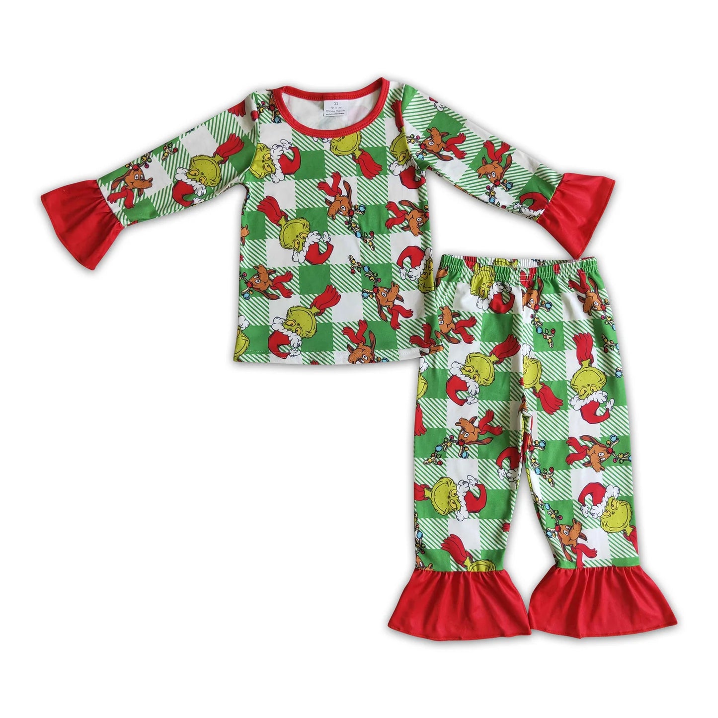 RTS NO MOQ Sibling milk silk Baby Girls Christmas Santa Milk Long Sleeve Top Pants Pajamas Set