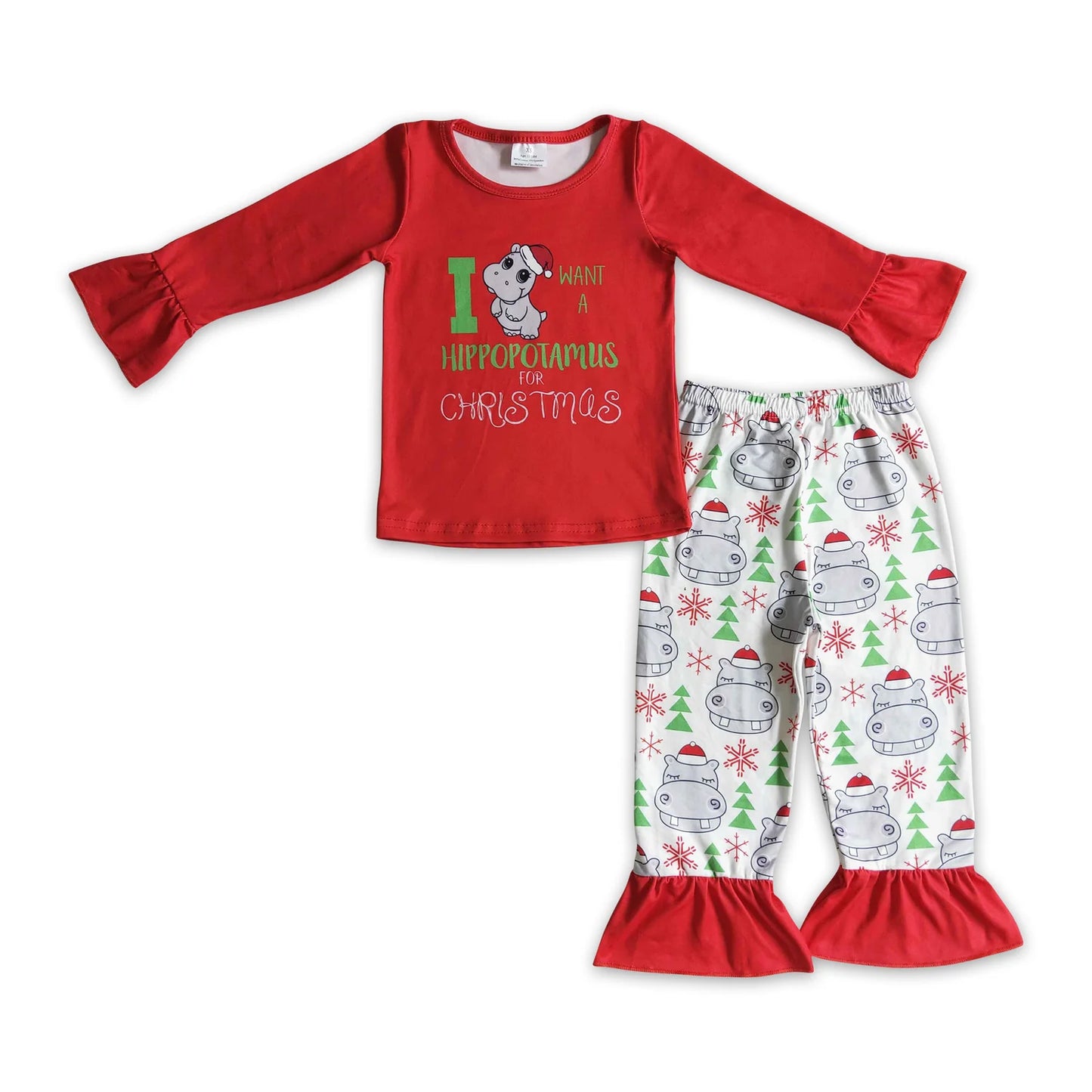 RTS NO MOQ Sibling milk silk Baby Girls Christmas Santa Milk Long Sleeve Top Pants Pajamas Set