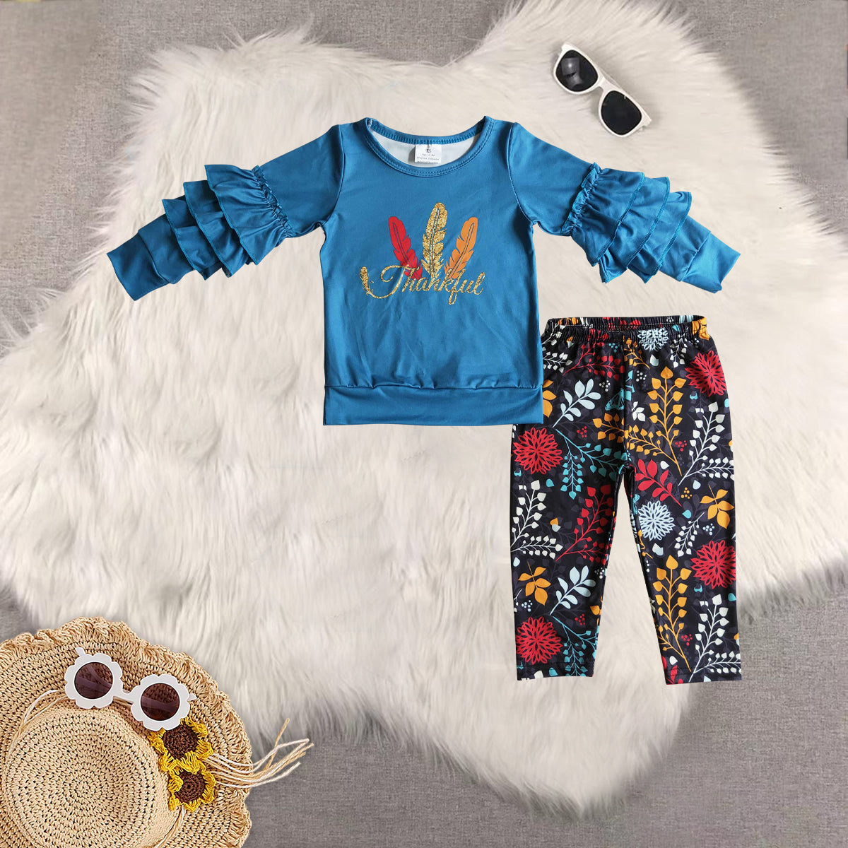 RTS NO MOQ Sibling Baby Girls thankful Long Sleeve Pants Set