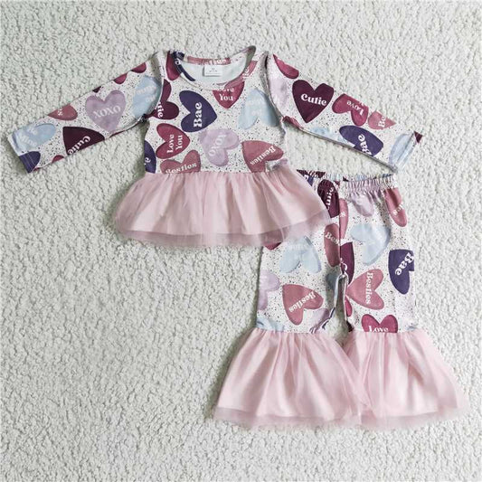 GLP0340 Little Girls Heart Love You Cutie Letter Print Sleeveless Ruffle Top Bell Pants Sets Valentine’s Day Holiday Outfit