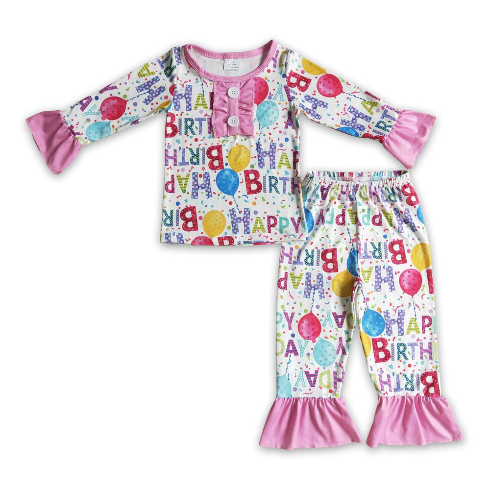RTS NO MOQ Sibling milk silk Baby Girls Boys Birthday Party Print Top Matching Pants Pajamas Clothes Set