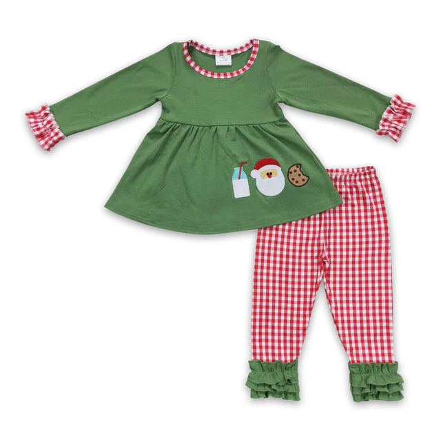 RTS NO MOQ Sibling milk silk Baby Girls Christmas Santa Print Long Sleeve Tunic Pants Clothes Sets
