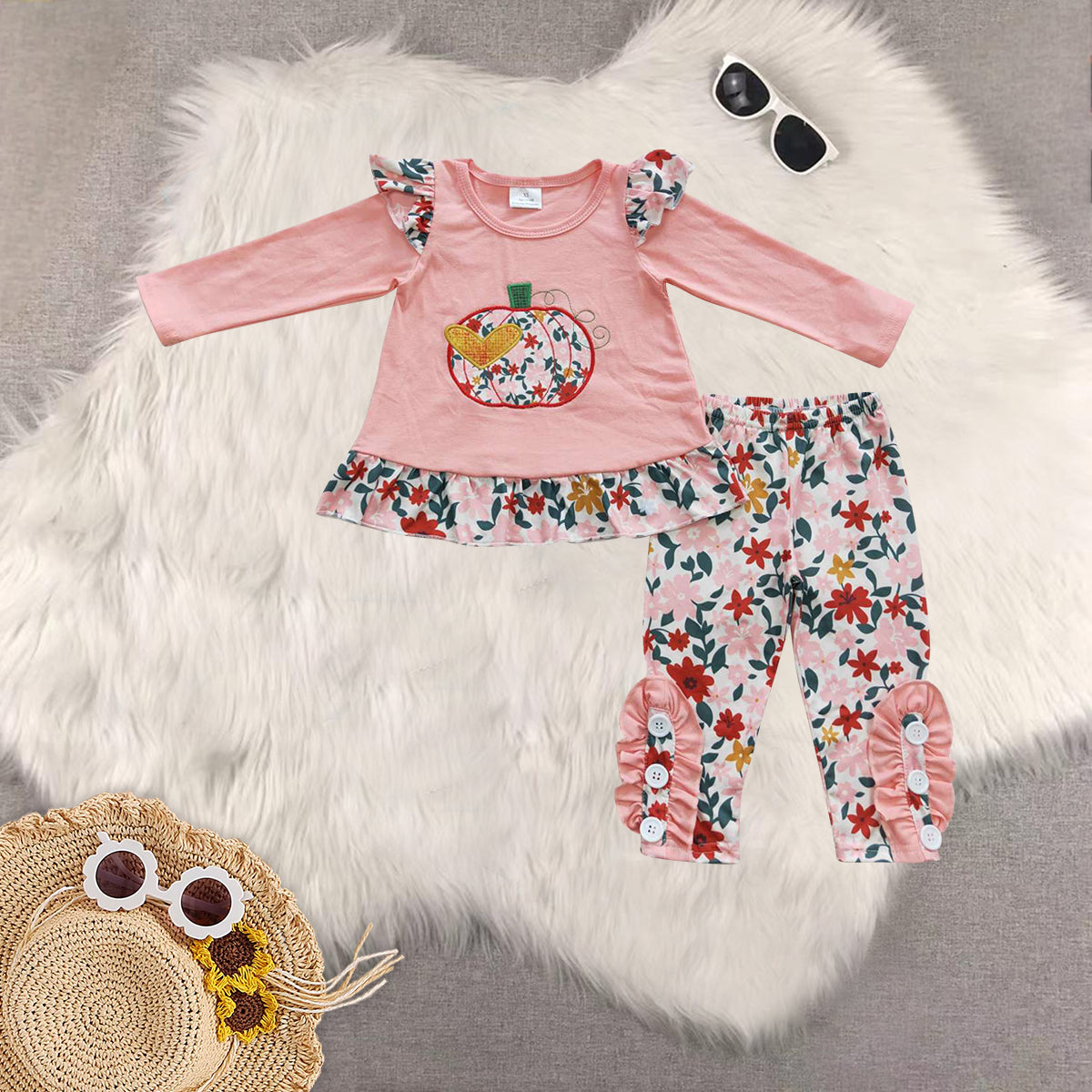RTS NO MOQ Sibling Baby Girls embroidery pumpkin Long Sleeve Pants Set