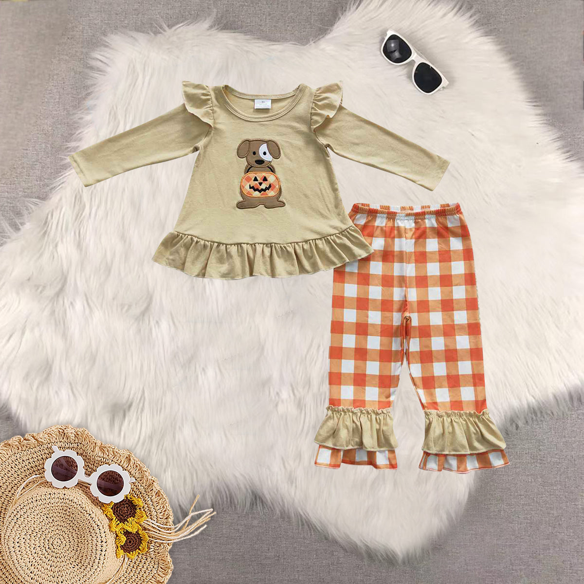 RTS NO MOQ Sibling Baby girls boy clothes embroidery pumpkin long-sleeved trousers suit & romper