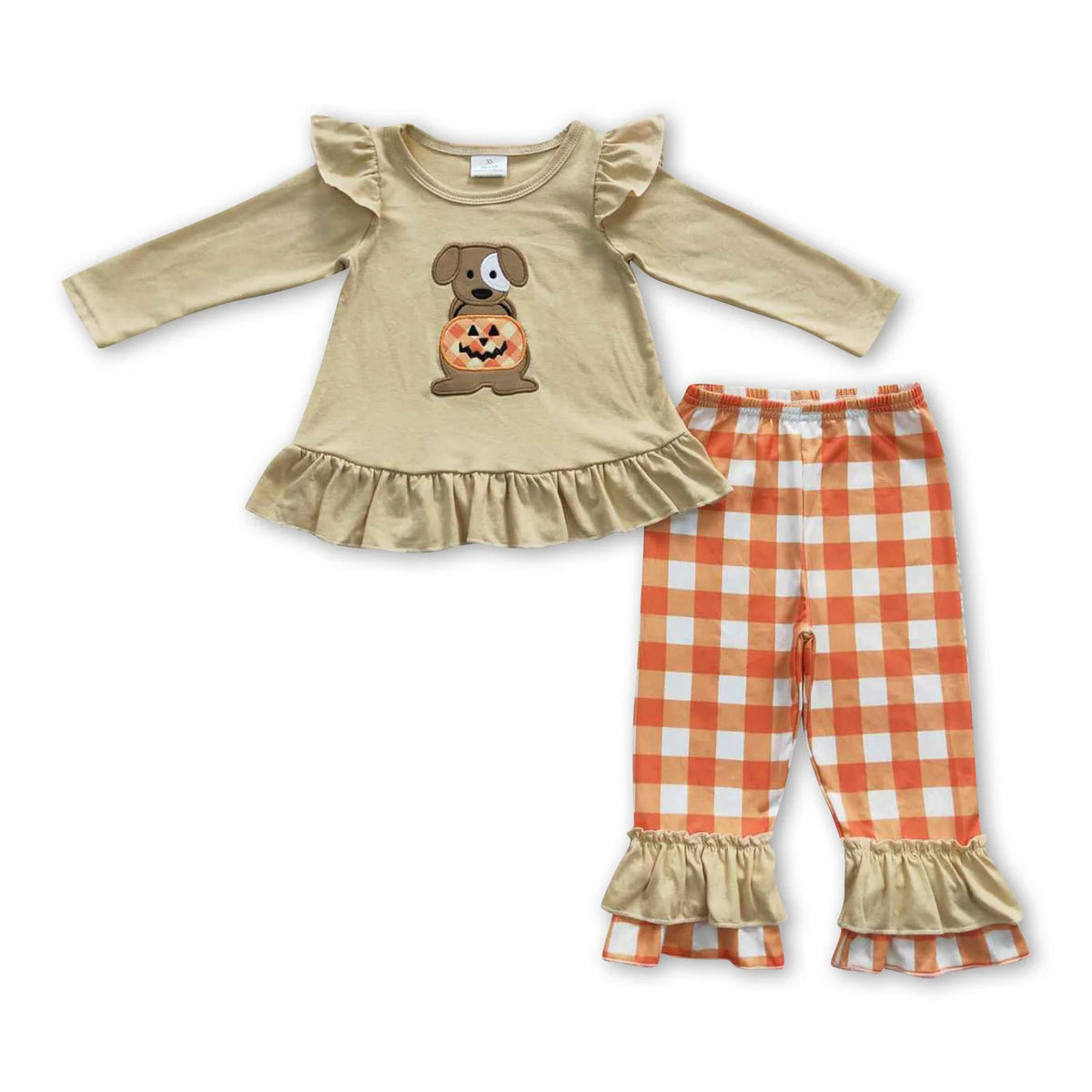 RTS NO MOQ Sibling milk silk Embroidery Baby Boys Girls Dog Pumpkin Halloween Long Sleeve Top Pants Clothes Sets Rompers