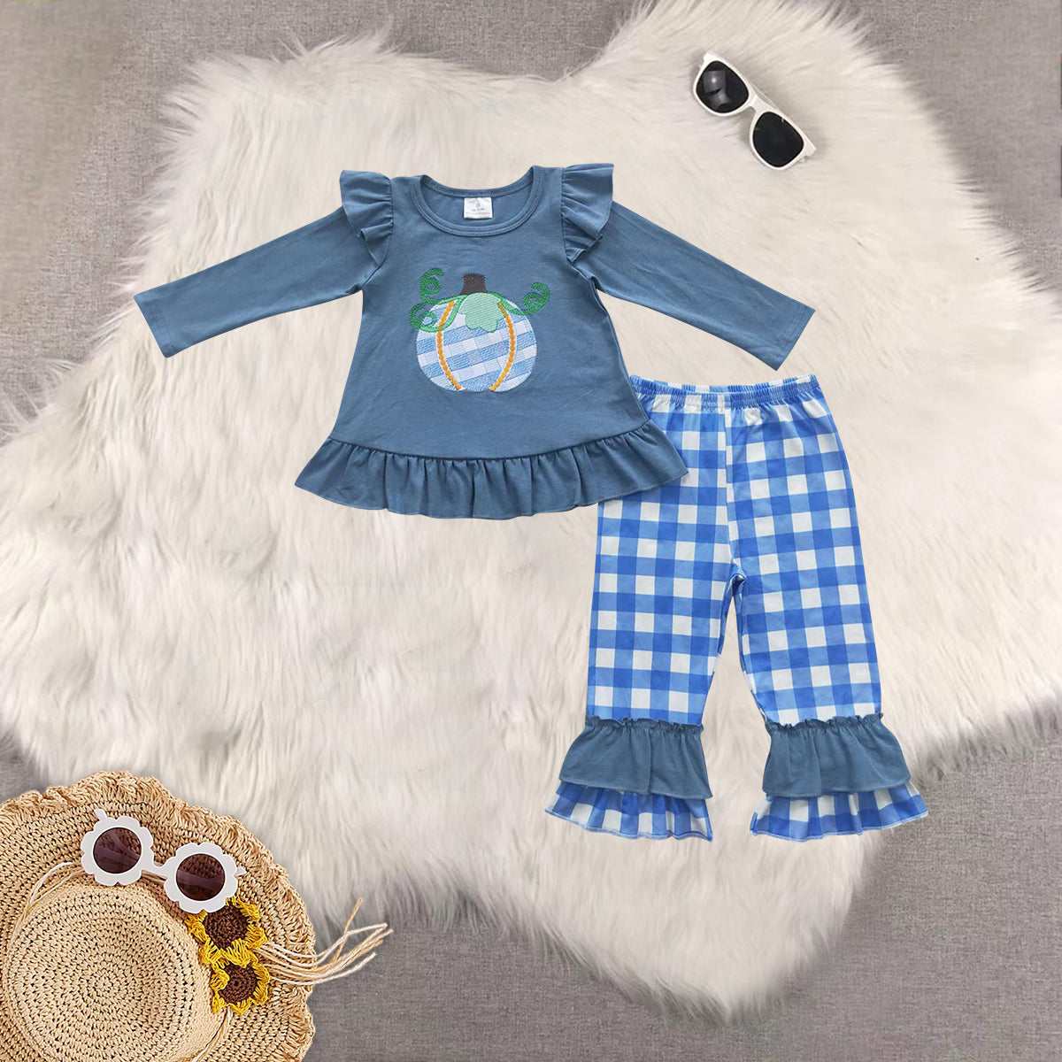 RTS NO MOQ Sibling Baby girls boy clothes embroidery pumpkin long-sleeved trousers suit & romper
