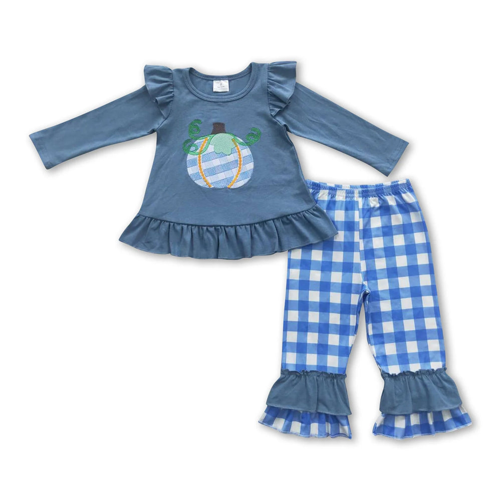 RTS NO MOQ Sibling milk silk Embroidery Baby Boys Girls Pumpkin Blue Checkered Long Sleeve Top Pants Casual Sets Rompers