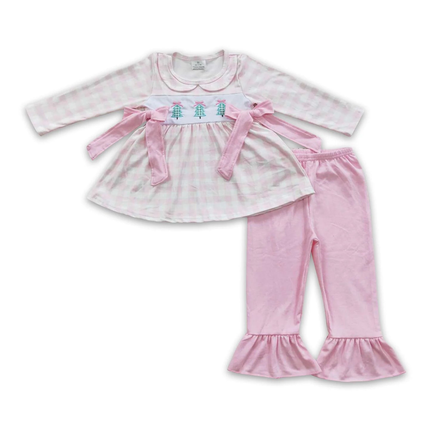 RTS NO MOQ Sibling milk silk Baby Girls Christmas Gingerbread Bow Print Long Sleeve Tunic Top And Ruffle Pants Set