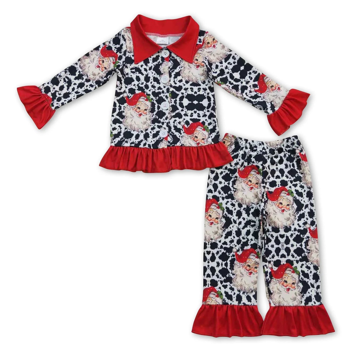 RTS NO MOQ Sibling milk silk Baby Girls Christmas Santa Long Sleeve Top Pants Pajamas Outfit Set