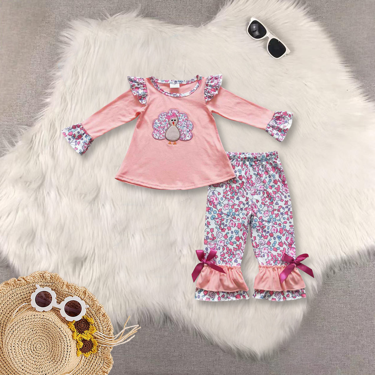 RTS Sibling baby girls clothes Embroidery thanksgiving turkey long Sleeve pants sets and rompers