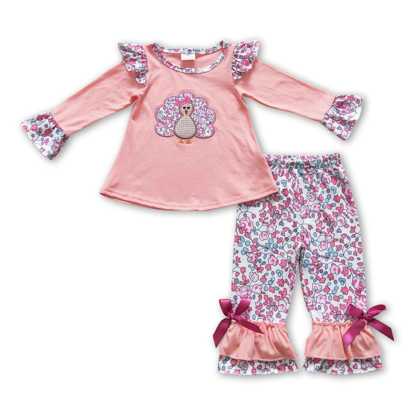 RTS NO MOQ Sibling milk silk Baby Girls Pink Fall Turkey Print Thanksgiving Tunic Top Ruffle Pants Two Piece Clothes Sets Dress Rompers