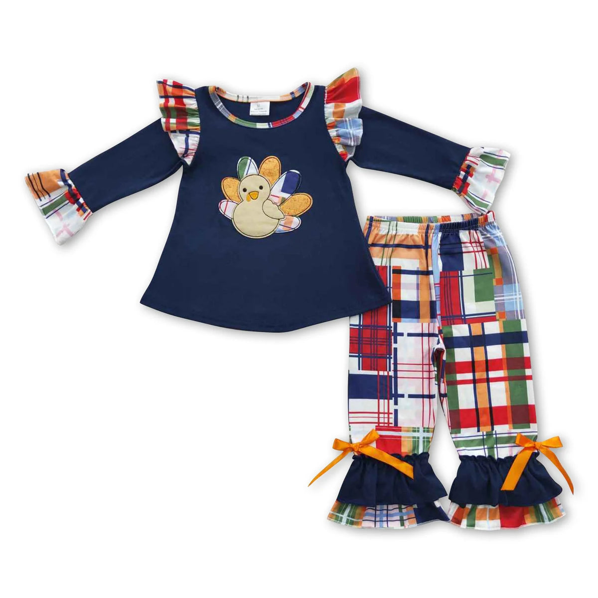 RTS NO MOQ Sibling milk silk Embroidery Baby Boys Girls Thanksgiving Turkey Patchwork Long Sleeve Top Pants Casual Sets Rompers