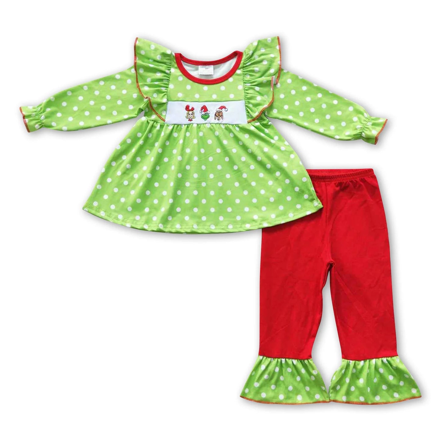 RTS NO MOQ Sibling milk silk Baby Girls Christmas Santa Print Long Sleeve Tunic Pants Clothes Sets