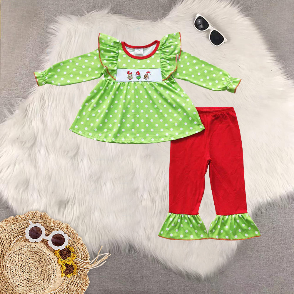 RTS NO MOQ Sibling Baby girls clothes Embroidery Christmas long-sleeved trousers suit & rompers and dress