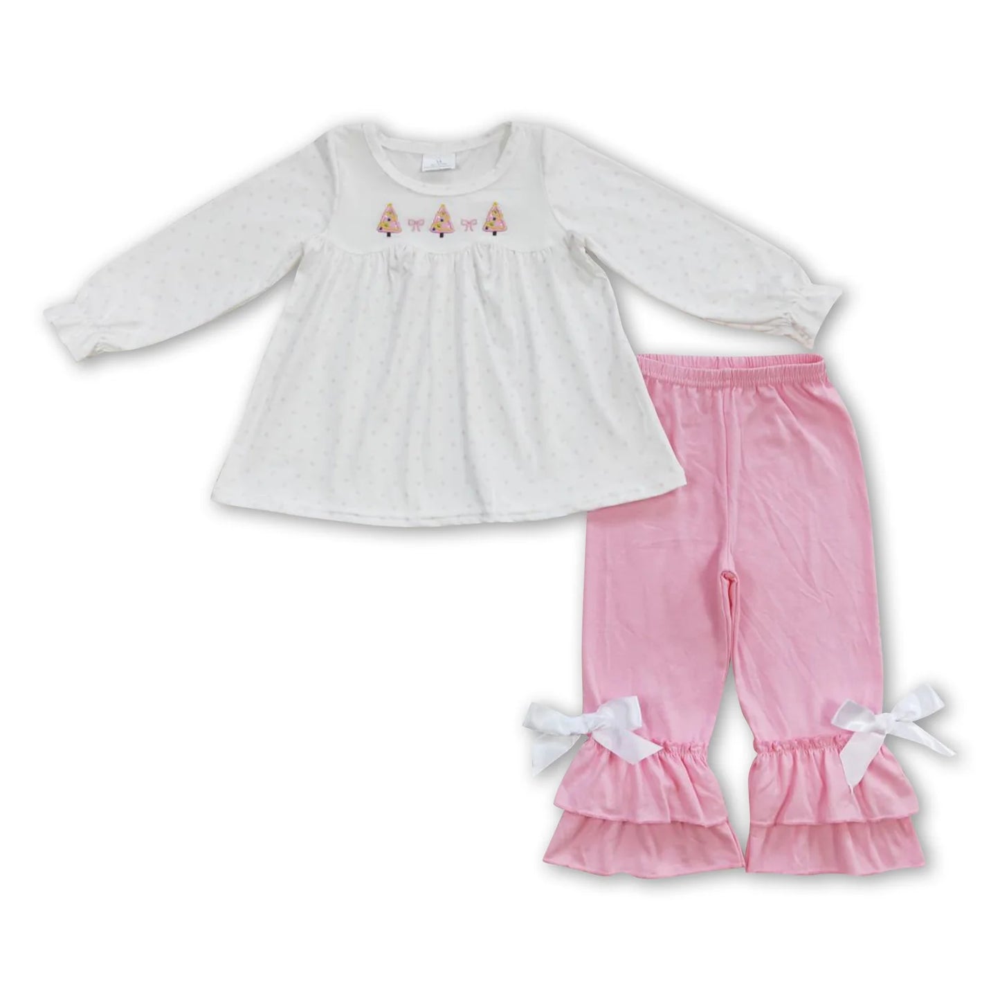 RTS NO MOQ Sibling milk silk Baby Girls Christmas Print Long Sleeve Tunic Ruffle Pants Clothes Sets