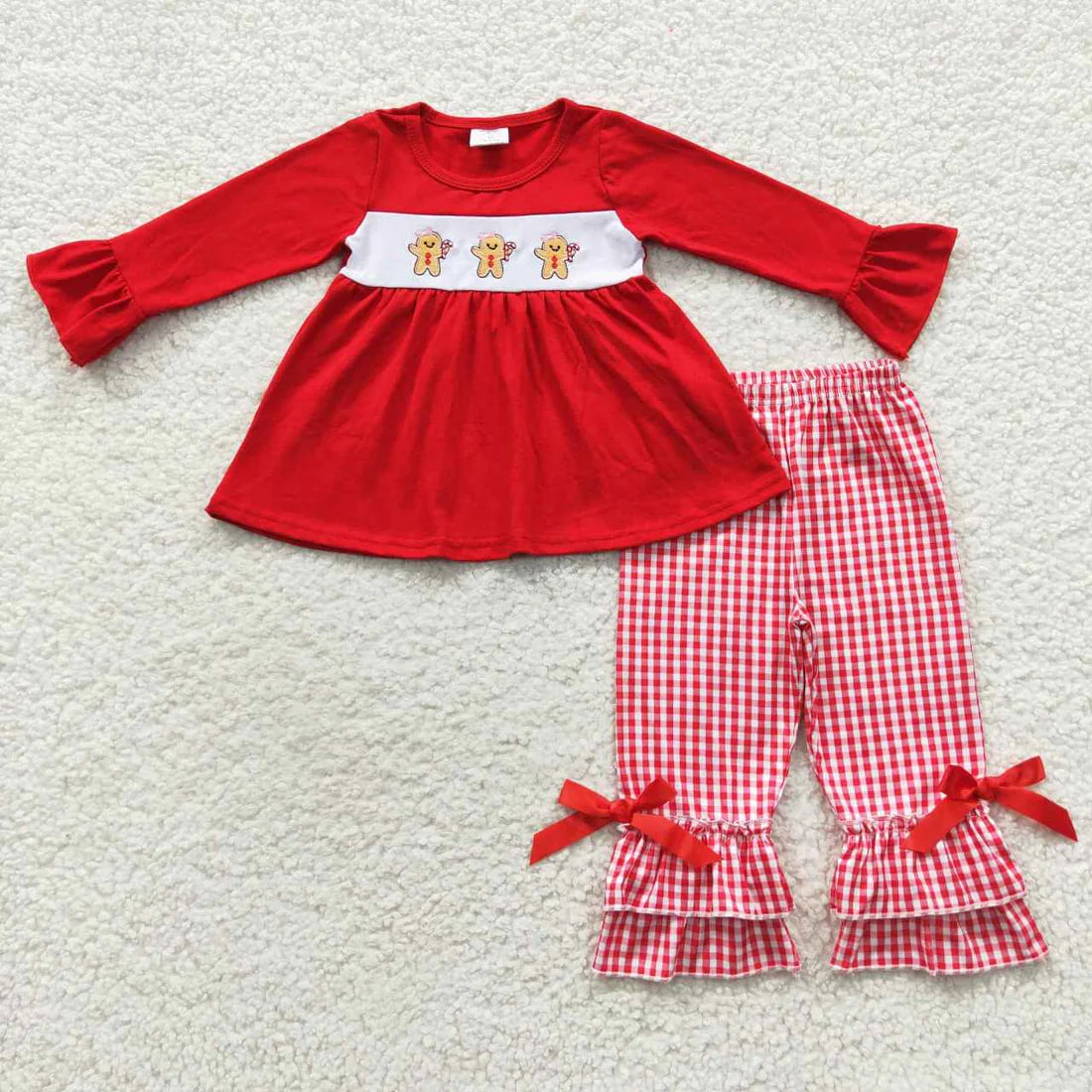 RTS Sibling Baby Girls Embroidery Hats Gingerbread Top Pants Christmas Dress Clothes Sets