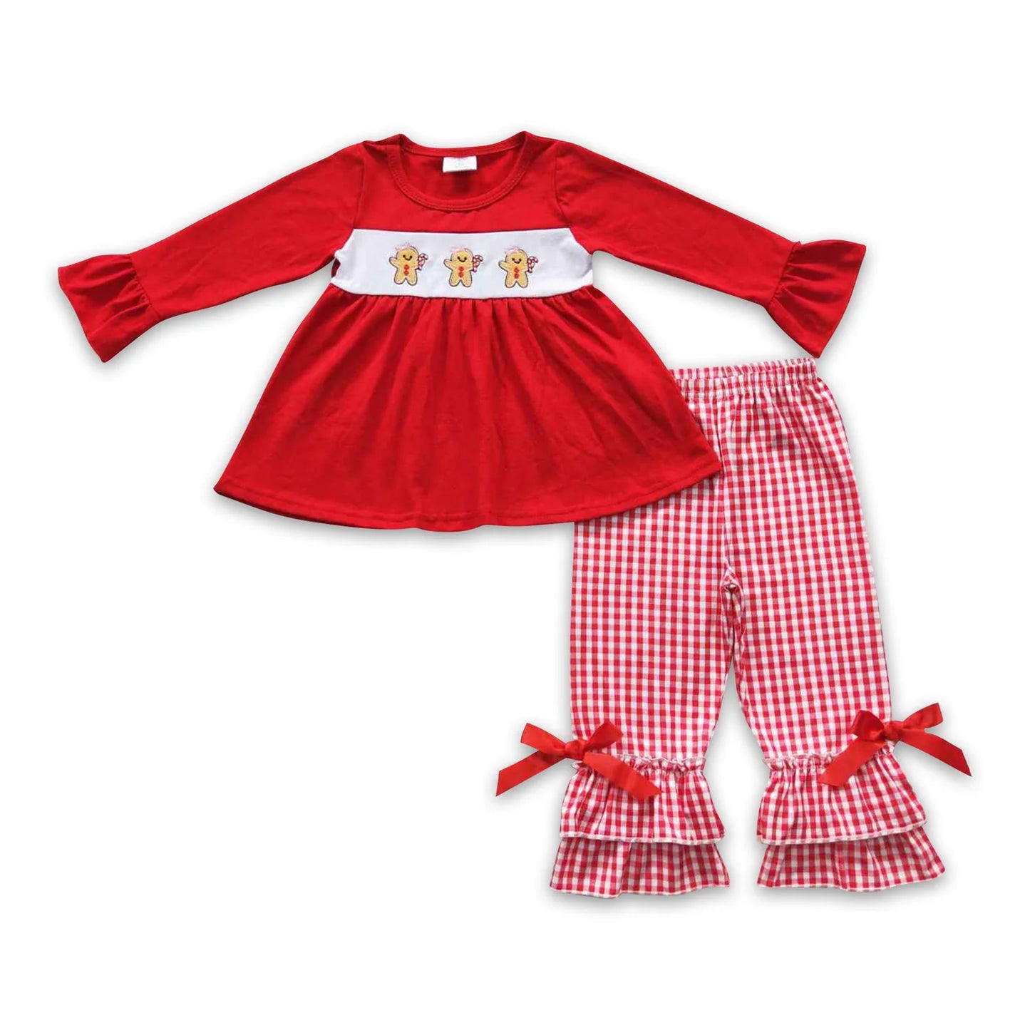 RTS NO MOQ Sibling milk silk Baby Girls Christmas Print Long Sleeve Tunic Ruffle Pants Clothes Sets