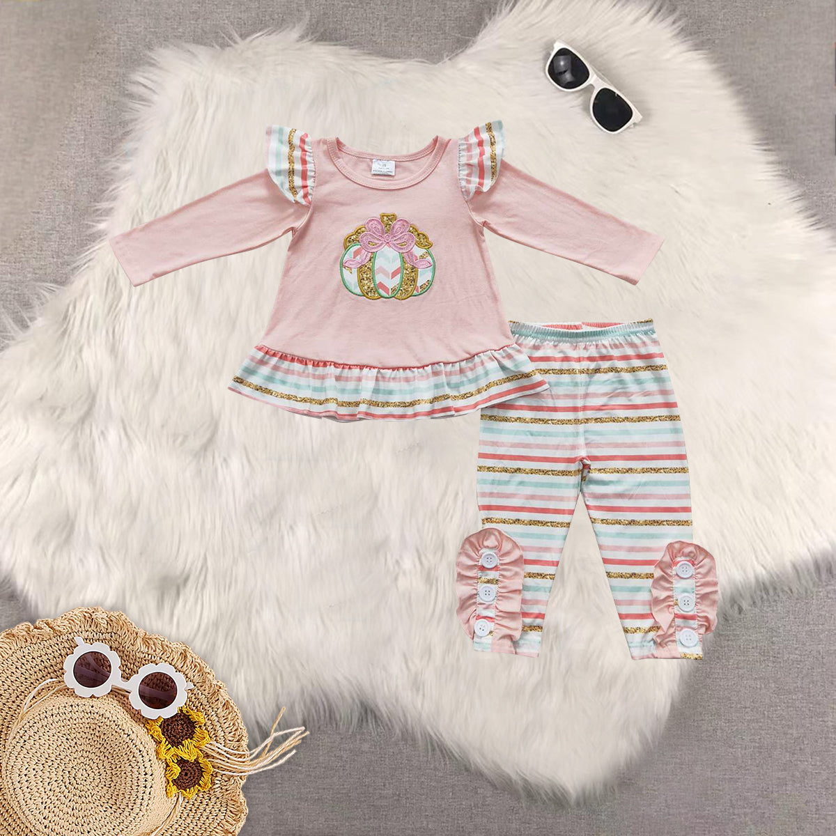 RTS NO MOQ Sibling baby girls clothes embroidery bow pumpkin long-sleeved trousers suit & romper