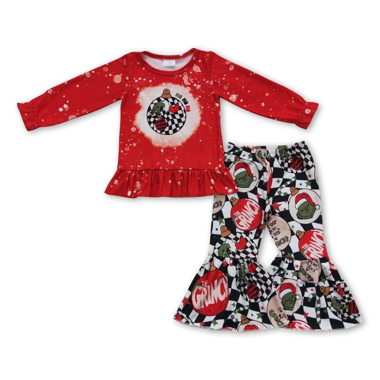 RTS NO MOQ Sibling milk silk Baby Girls Christmas Long Sleeve Top Bell Bottom Pants Clothes Set