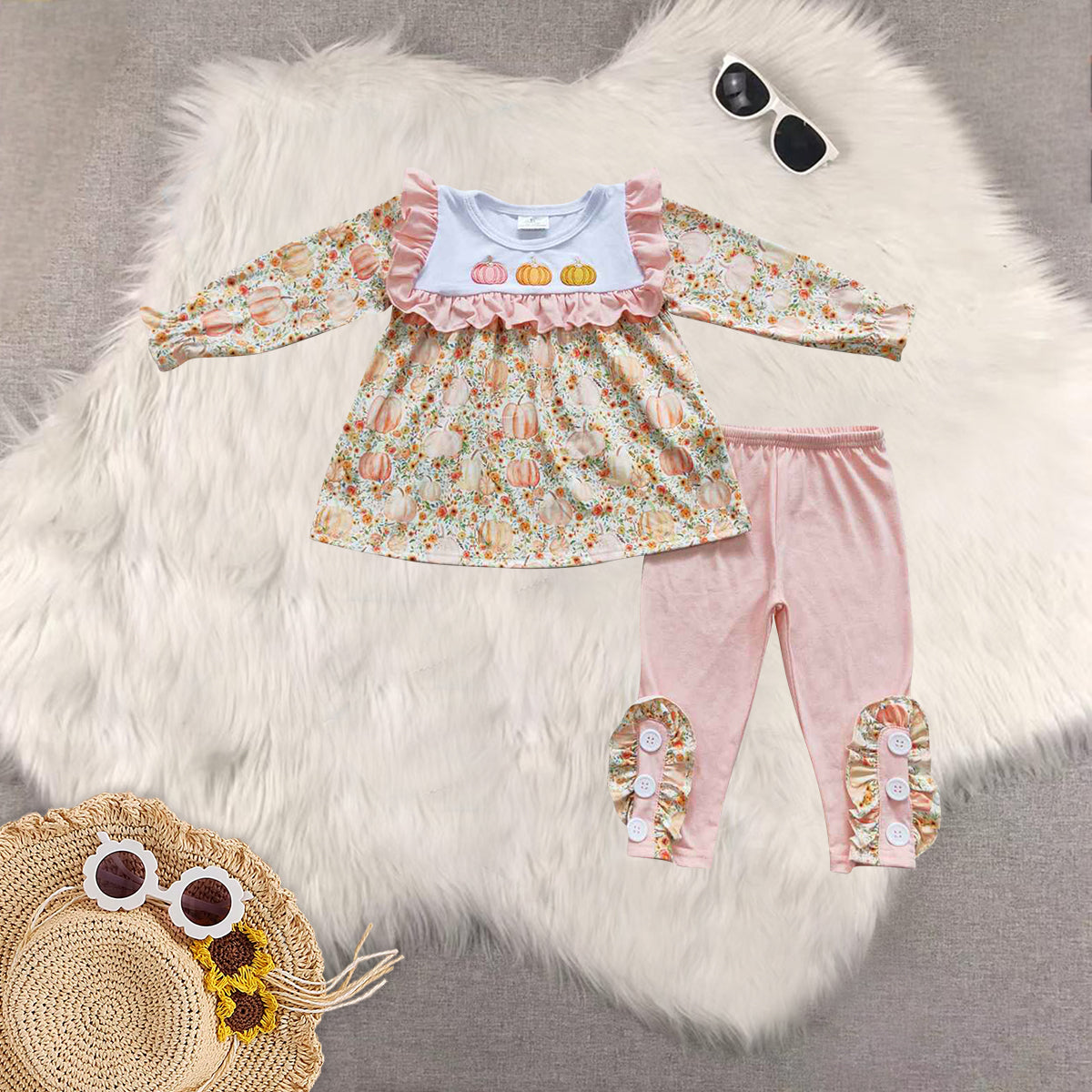 RTS NO MOQ Sibling baby girls clothes embroidery pumpkin long-sleeved trousers suit & romper & dress