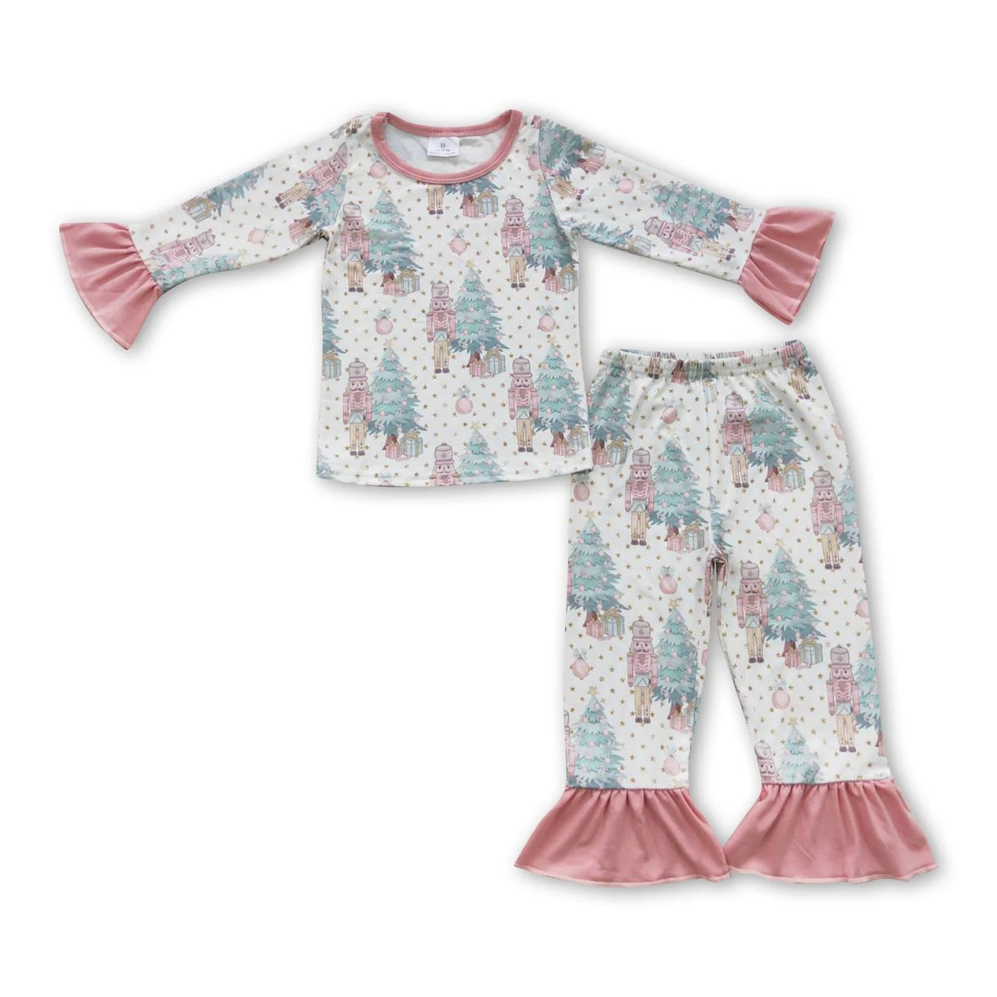 RTS NO MOQ Sibling milk silk Baby Girls Christmas Santa Milk Long Sleeve Top Pants Pajamas Set