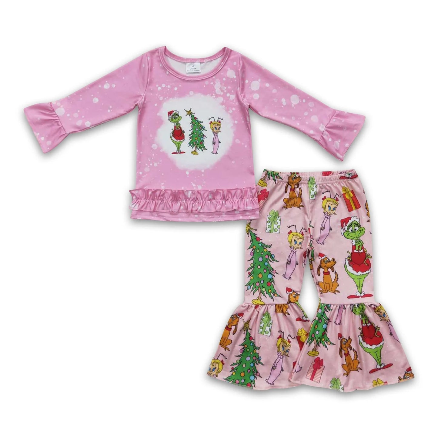 RTS NO MOQ Sibling milk silk Baby Girls Christmas Long Sleeve Top Bell Bottom Pants Clothes Set